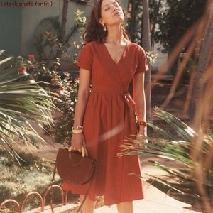 Sezane Marielle linen blend wrap midi dress in Terracotta